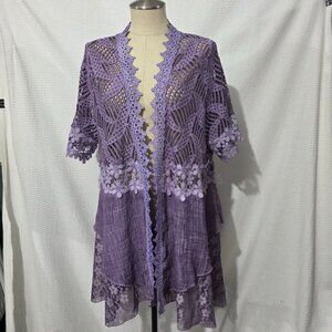 Excellent Simply Couture Lace Crochet Purple Boho Open Cardigan Top 3X